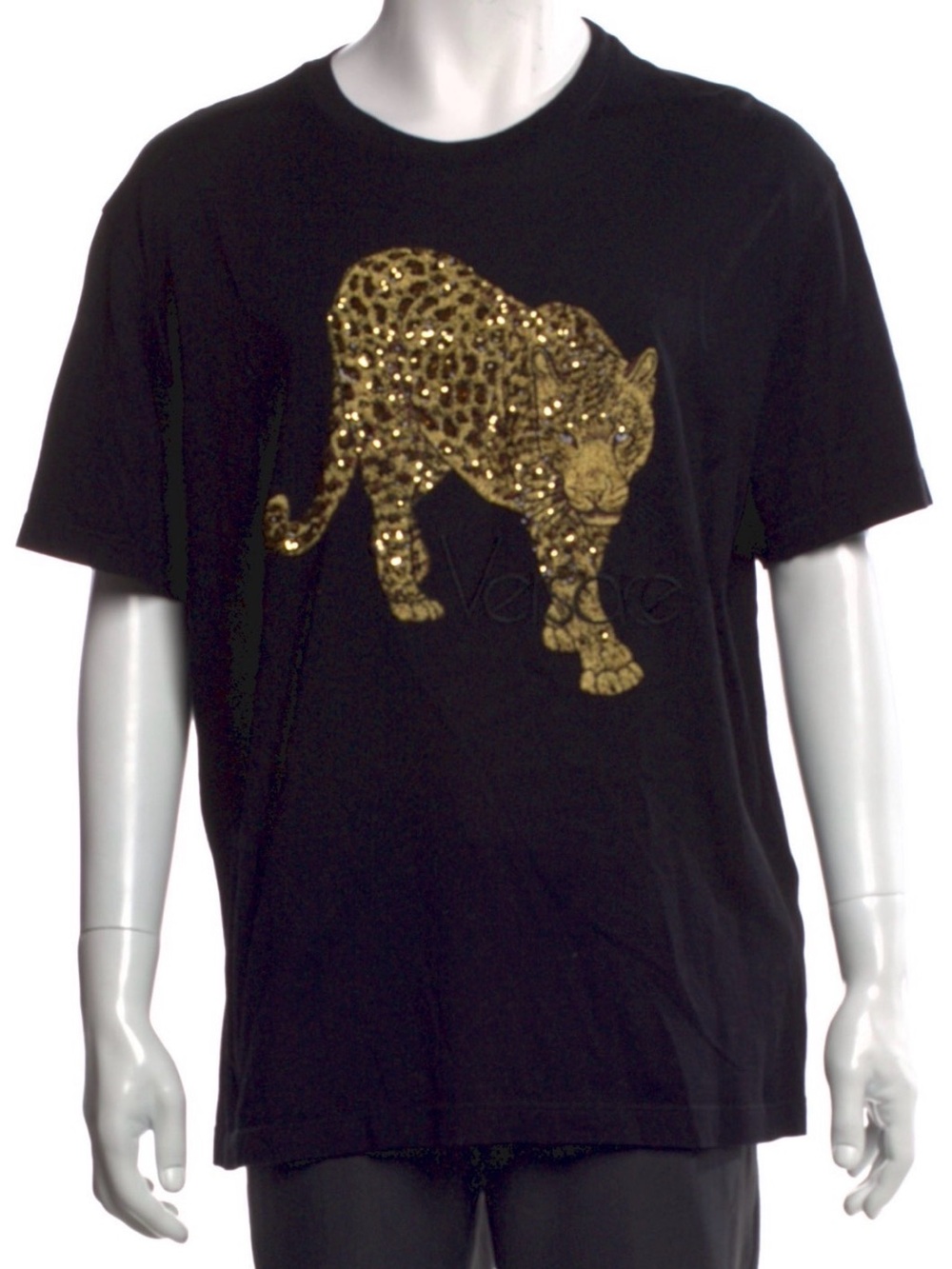 Versace Black Short Sleeve Tee with Gold Leopard Sequin Graphic